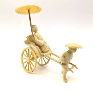 Vintage Japanese Celluloid Rickshaw Geisha Figurine 4x4" Ivory Color GUC